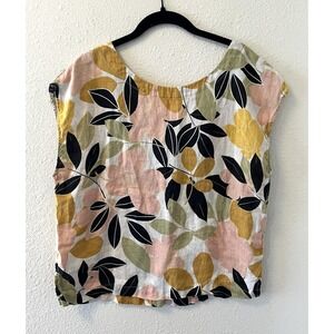 Rachel Zoe Linen Top Med Floral Costal Resort Tropical Artsy Boho Missing Button